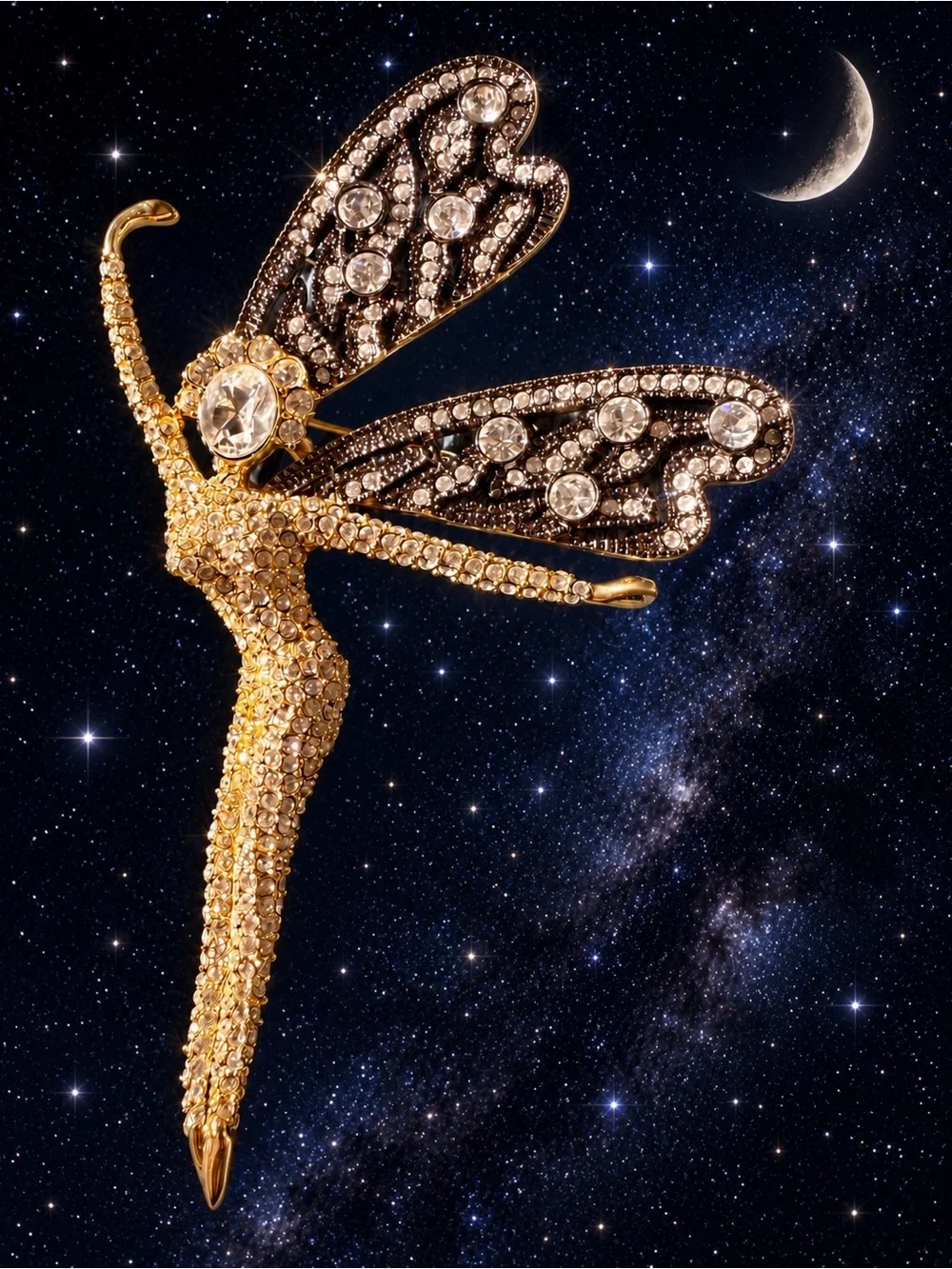 Gold and Black Crystal Fairy Brooch